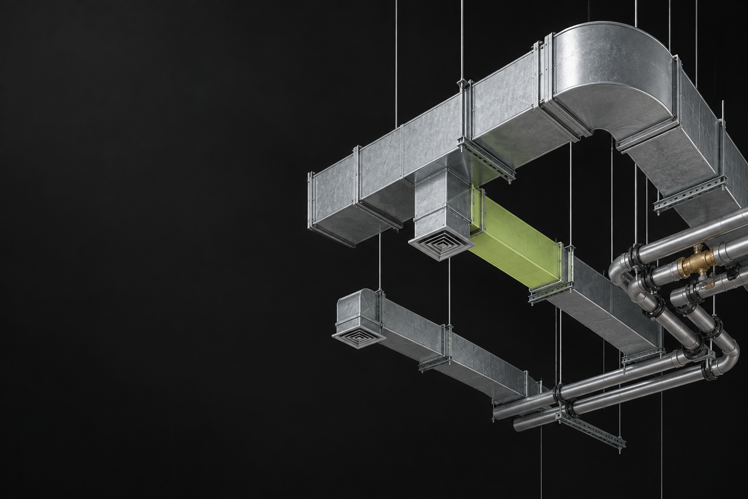 Illustrative axonometric mechanical system with ductwork, piping and a highlighted branch